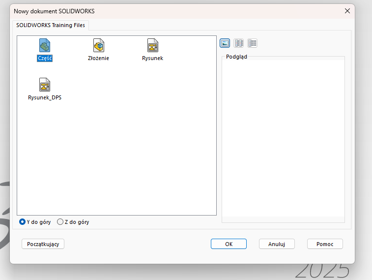 Wybór szablonu nowej części w programie SOLIDWORKS