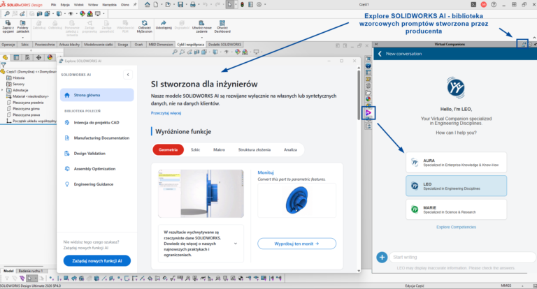 Wirtualni asystenci w oknie SOLIDWORKS i biblioteka gotowych promptów
