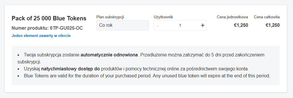 Ekran zakupu dodatkowych tokenów